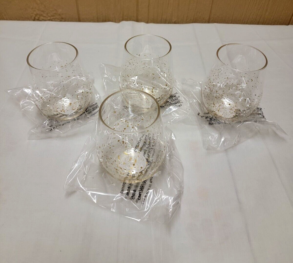 Set of 4 Stemless Wine Glass Tumbler Clear Plastic Gold Speckle